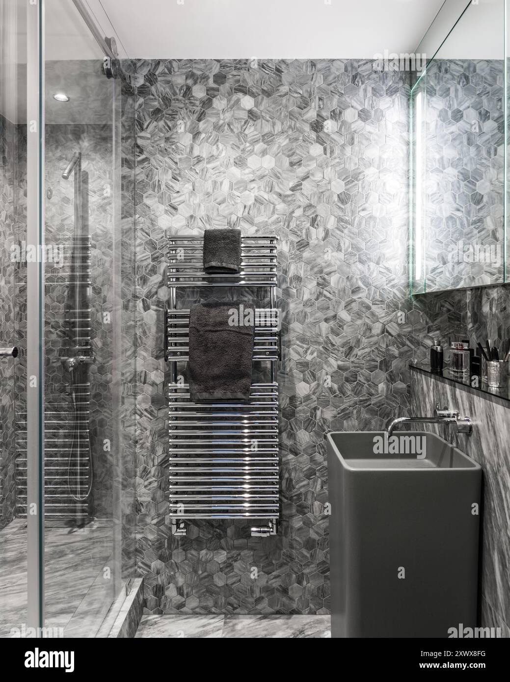 Stylish modern grey marble bathroom in classic home in London, UK Stock
