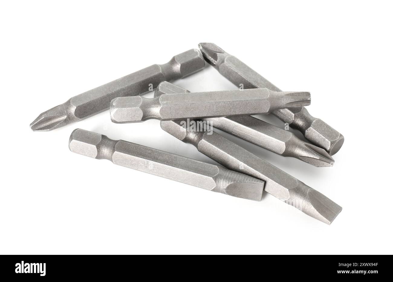 Many different bits for screwdriver isolated on white Stock Photo