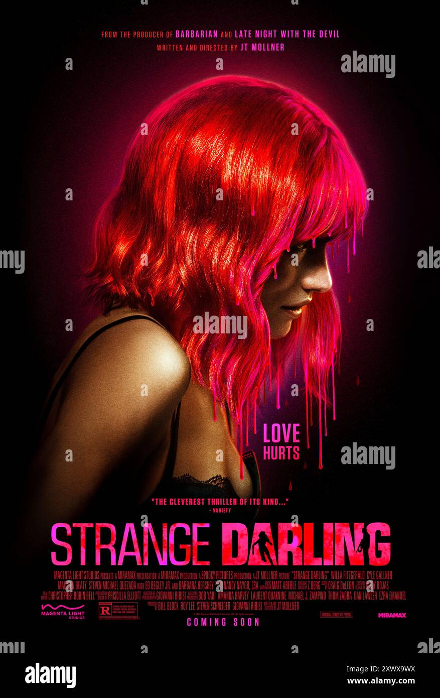 Strange Darling (2023) directed by JT Mollner and starring Willa Fitzgerald, Kyle Gallner and Barbara Hershey. Nothing is what it seems when a twisted one-night stand spirals into a serial killer's vicious murder spree. US one sheet poster ***EDITORIAL USE ONLY***. Credit: BFA / Magenta Light Studios Stock Photo