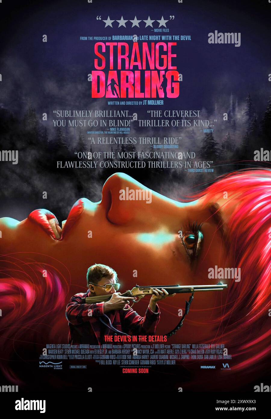 Strange Darling (2023) directed by JT Mollner and starring Willa Fitzgerald, Kyle Gallner and Barbara Hershey. Nothing is what it seems when a twisted one-night stand spirals into a serial killer's vicious murder spree. US one sheet poster ***EDITORIAL USE ONLY***. Credit: BFA / Magenta Light Studios Stock Photo