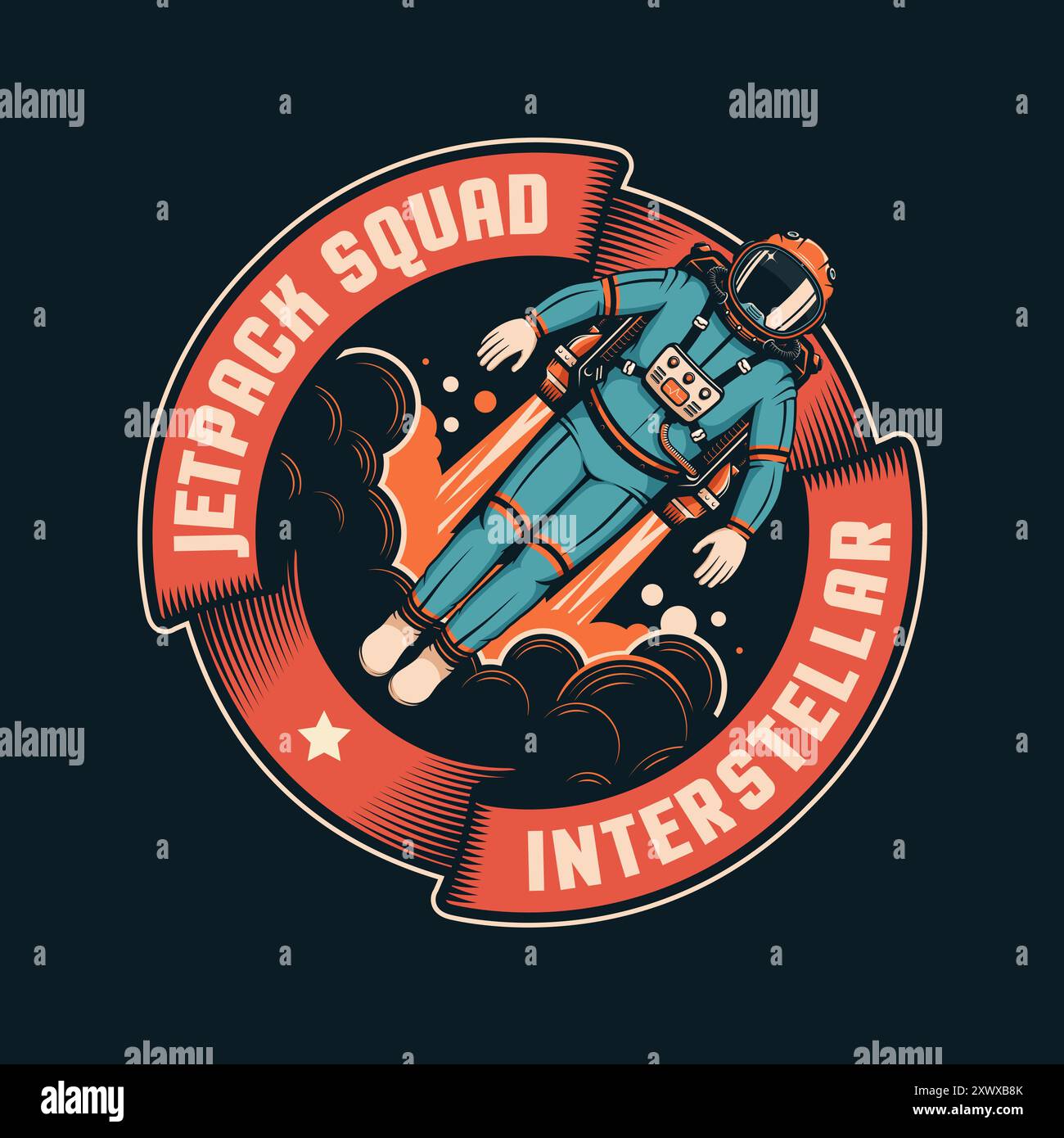 Astronaut propelled by a jetpack - retro badge Stock Vector