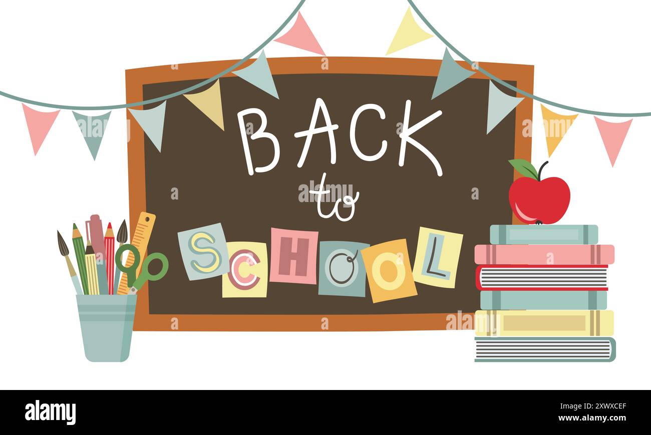 Text back to school on chalkboard. Hand drawn illustration of ...
