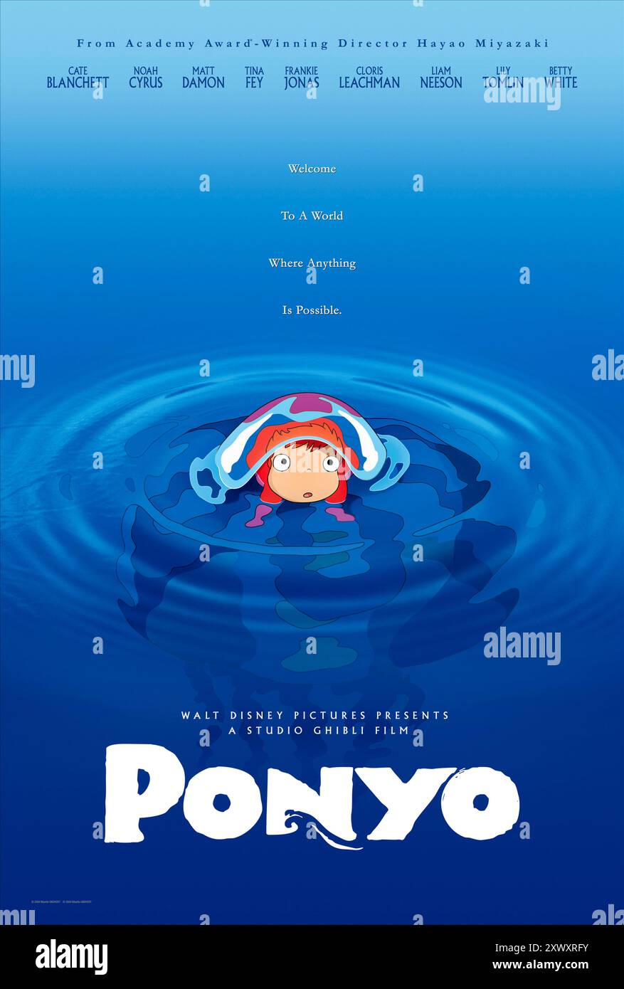 Ponyo (2008) directed by Hayao Miyazaki and starring Cate Blanchett, Matt Damon and Liam Neeson. A five-year-old boy develops a relationship with Ponyo, a young goldfish princess who longs to become a human after falling in love with him. US one sheet poster ***EDITORIAL USE ONLY***. Credit: BFA / Walt Disney Studios Stock Photo