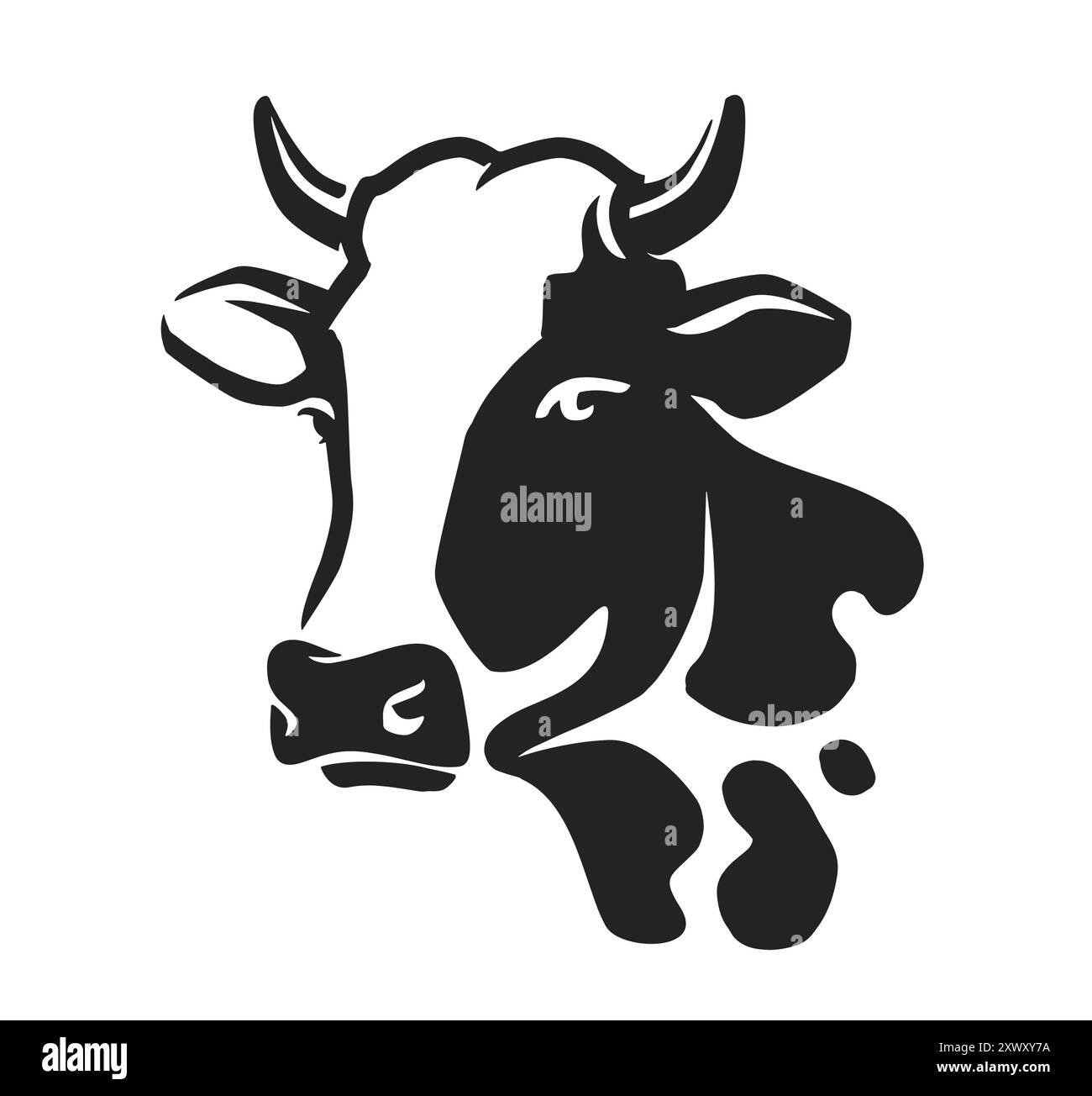 Cow head with horns logo. Dairy farm, milk emblem or symbol. Simple monochrome drawing vector illustration Stock Vector