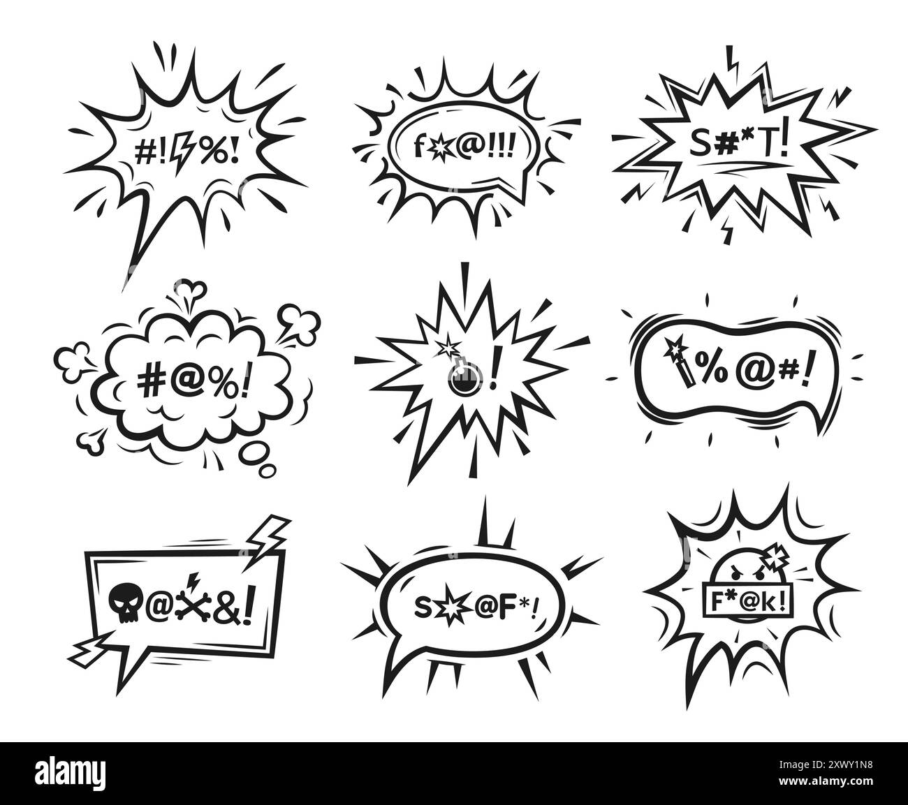 Comic swear speech bubbles. Hate angry talk, aggressive expletive curse. Vector set of clouds with expressive typography symbols. Black dialogue boxes Stock Vector