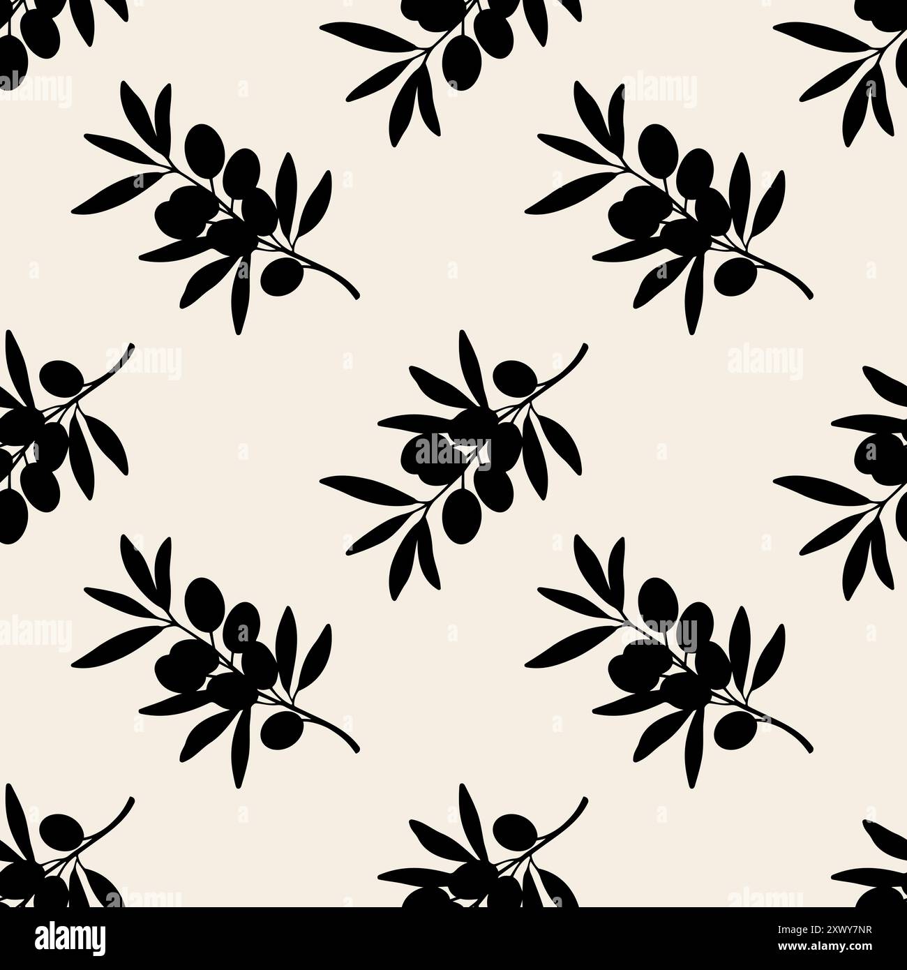 Olives branch pattern silhouettes dark on beige background. Vector illustration Stock Vector