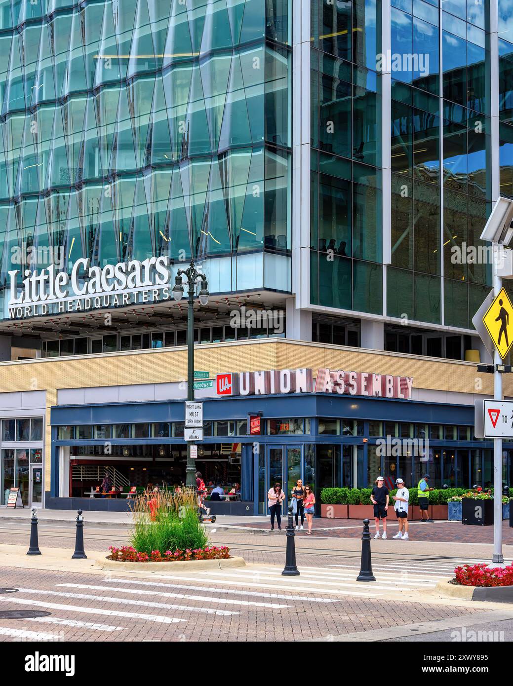 Detroit, USA - August 1, 2024: Exterior architecture in the low section of the Little Caesars World Headquarters building Stock Photo