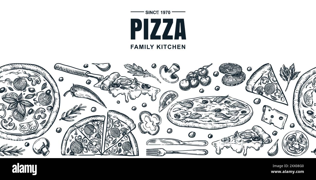 Italian pizza and ingredients seamless horizontal background. Vector hand drawn sketch illustration. Pizzeria menu, banner, poster, label package desi Stock Vector