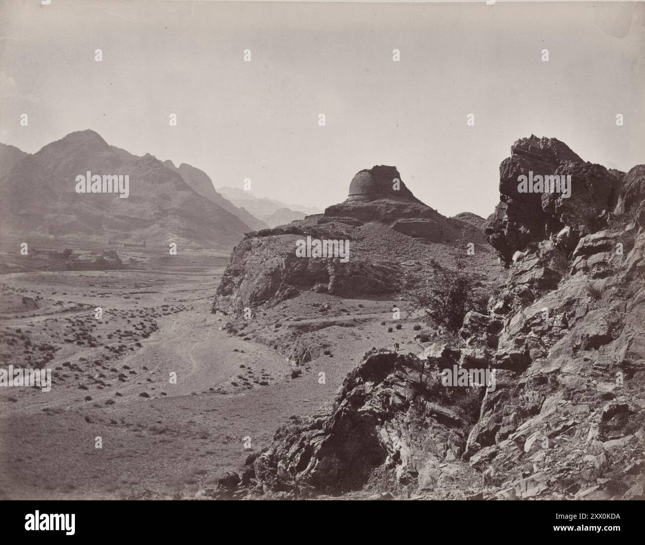 Vintage photo of Buddhist Tope at Sphola. Afghanistan. 1878-1880 Sphola Stupa is a Buddhist monument located in the Khyber Pass, Khyber Pakhtunkhwa of Pakistan. Stock Photo