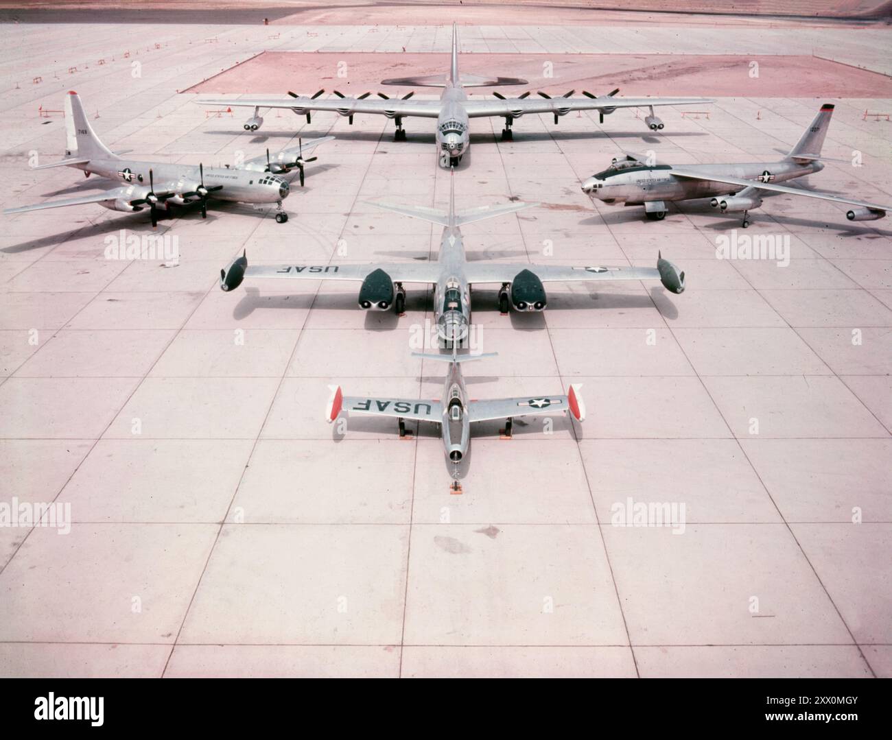 Cold War era. US Aircraft Capability to Deliver Nuclear Devices - Front to Rear: F-84G, B-50, B-47, B-36. 1940s-1960s Stock Photo