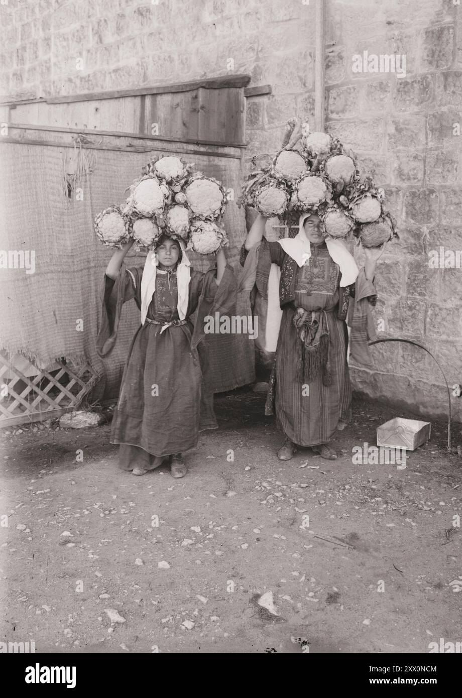 Life in Palestine in the early 20th century. Peasants laden with cauliflowers. Historic Palestine. Ottoman Empire. 1900-1920 Stock Photo