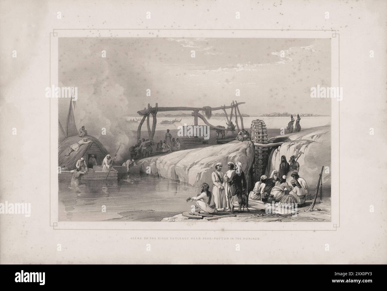 First Anglo-Afghan War. Scene on the river Sutledge, near Pauk-Puttun in the Punjaub. 1840-1850. Sketches by Jas. Atkinson, esq. This Drawing represents a scene on the river Sutledge, not far from the Pauk-Puttun in the Punjaub, a country in the north-west of Hindoostan Proper. A number of the Punjaubees occupy the fore-ground, some of them are busily engaged in cooking, others in conversation, while the boatmen, in the boats peculiar to the Punjaub, are seen to the left. On the middle bank is a faithful delineation of “the Persian Wheel,” used for irrigating the fields, and which is turned by Stock Photo