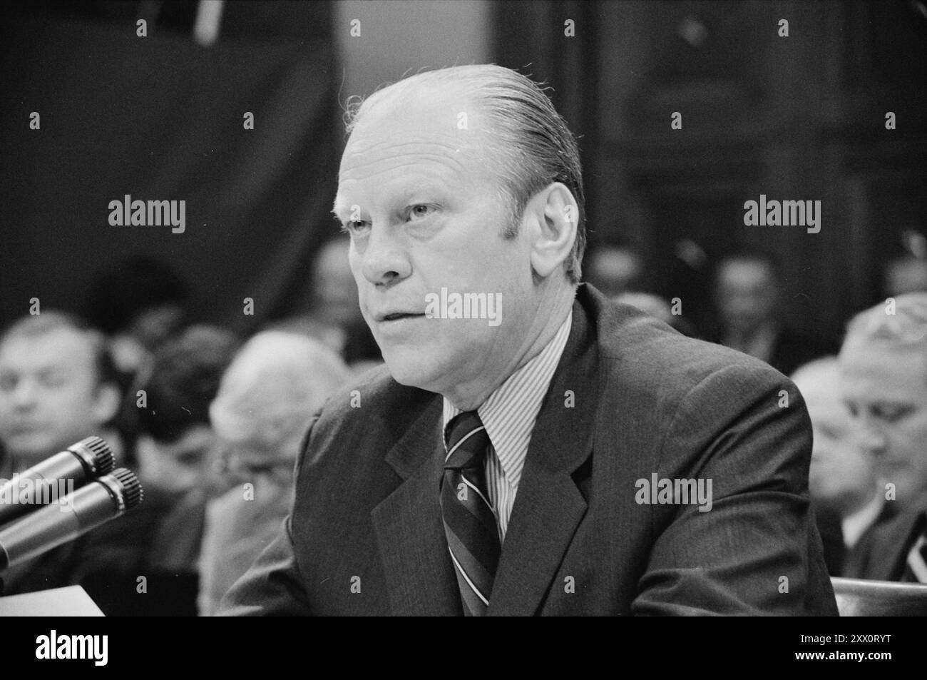 Vintage photo of president Gerald Ford appearing at the House Judiciary Subcommittee hearing on pardoning former President Richard Nixon, Washington, D.C. USA, 1974 Oct. 17. By T. O'Halloran Stock Photo