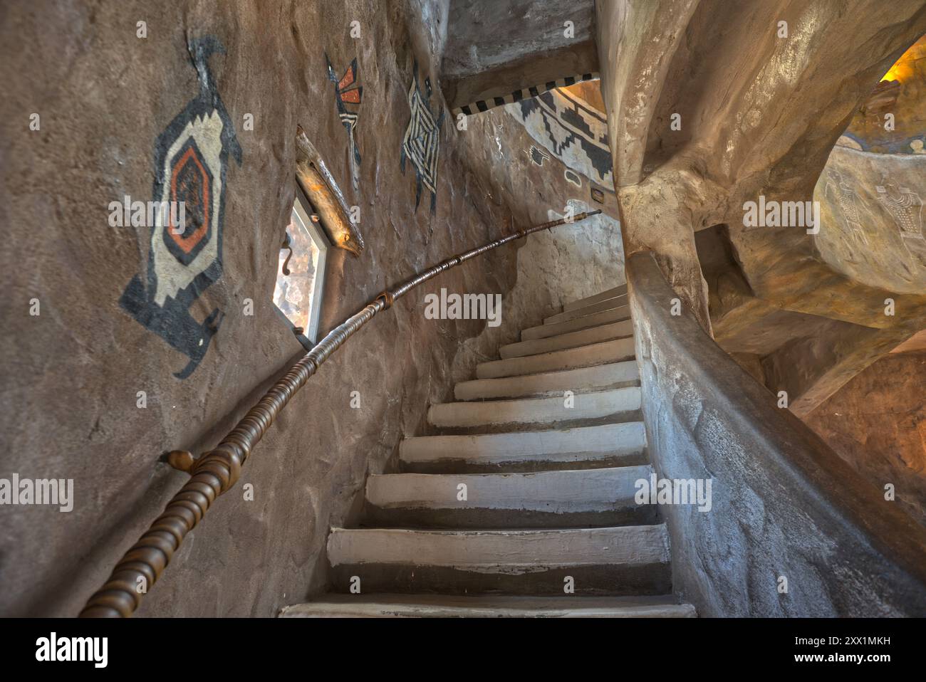 Stairs up to the third floor in the historic Desert View Watchtower at Grand Canyon South Rim, Arizona Stock Photo