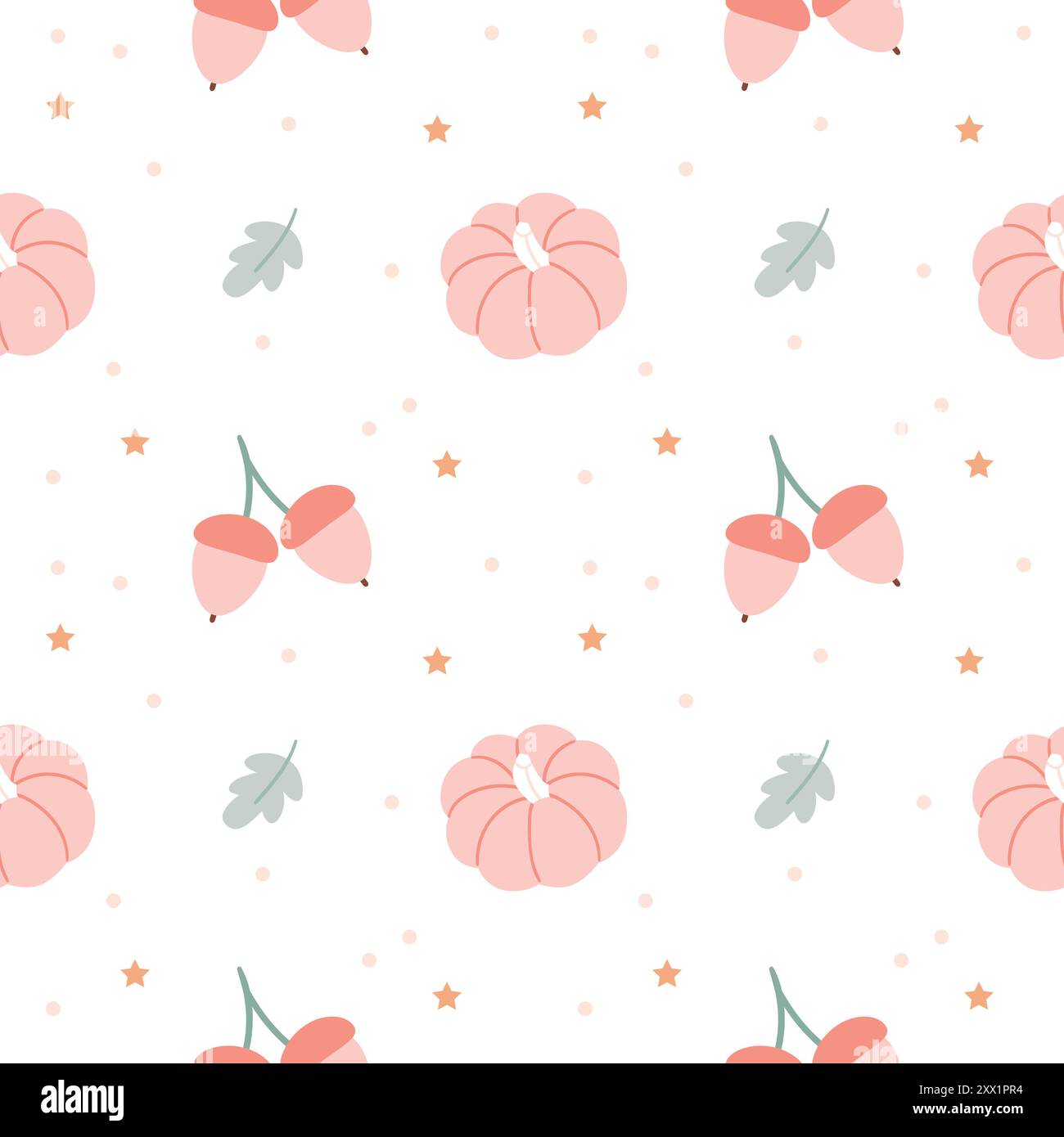 Autumn seamless pattern. Pink acorns, pumpkins, stars and leaves on a white background. Magical atmosphere Stock Vector