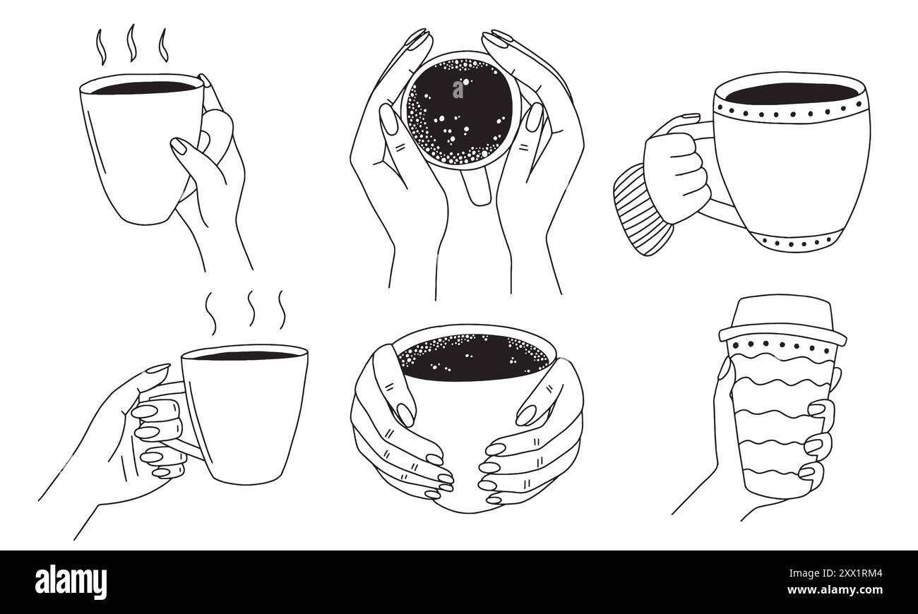 Coffee in hands sketches set Stock Vector