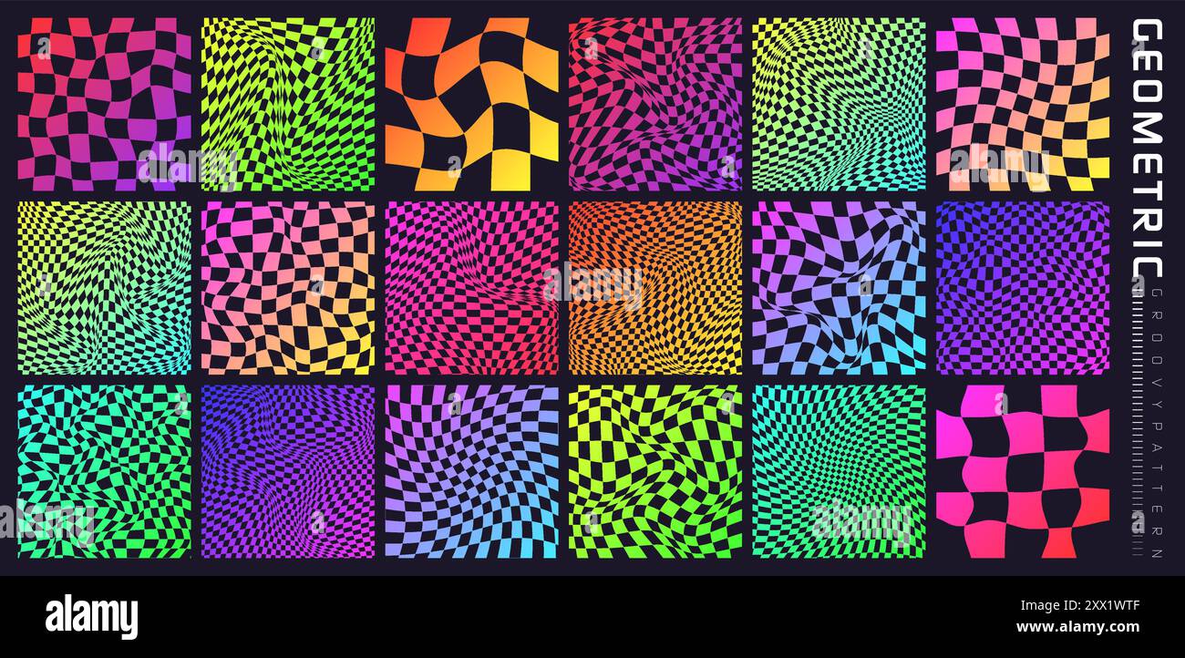 Groovy checkered pattern, colorful distorted tiled grid. Vintage wavy ...