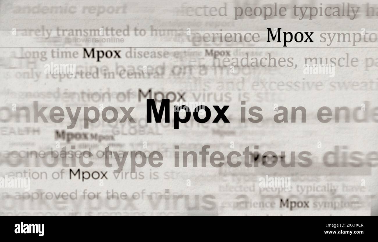 Mpox monkeypox epidemic social media on display. Searching on tablet, pad, phone or smartphone screen in hand. Abstract concept of news titles 3d illu Stock Photo