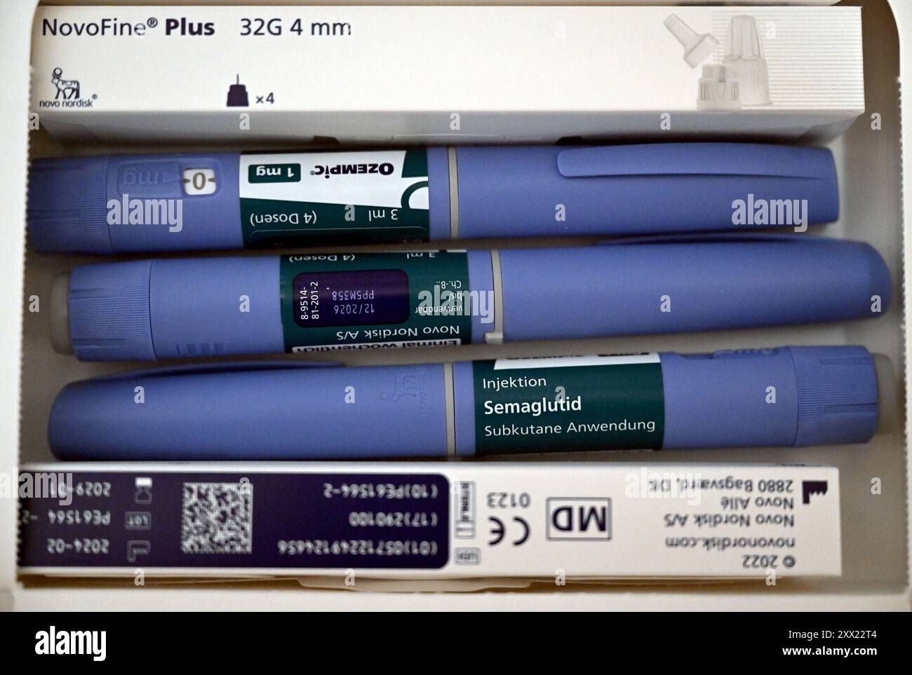 Munich, Germany. 21st Aug, 2024. Syringes of the drug Ozempic lie in their  packaging on a table. The drug helps patients with type 2 diabetes, among  others. Credit: Felix Hrhager/dpa/Alamy Live News
