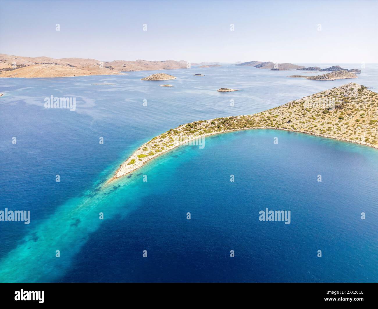 Kornati Islands, Croatia - August 2, 2024: Aerial view of famous Adriatic sea sailing destination, Kornati archipelago national park. Dalmatia region Stock Photo