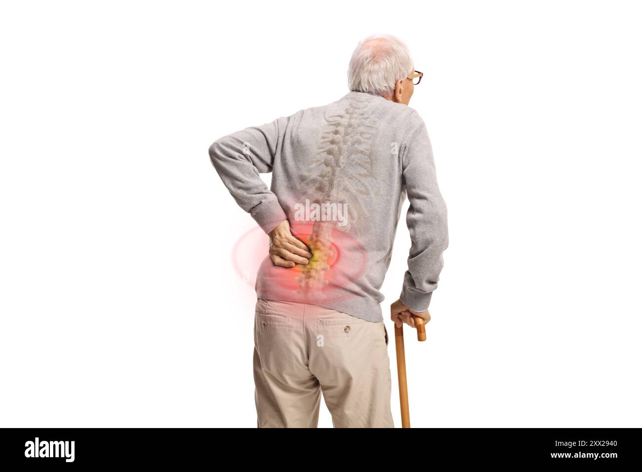 Rear view shot of an old man with a cane holding his painful back isolated on white background Stock Photo