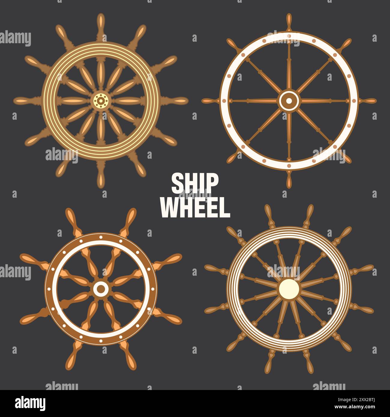 Wooden vintage steering wheels. Ship, sailboat or yacht retro wheel ...