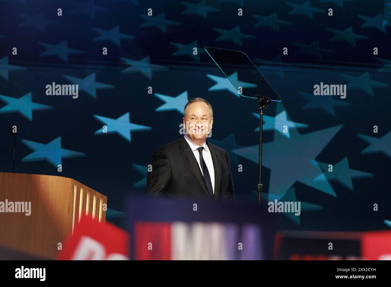 Chicago, United States. 20th Aug, 2024. Doug Emhoff speaks during the second day of the Democratic National Convention (DNC) at the United Center. Delegates, politicians, and Democratic party supporters gathered in Chicago, as current Vice President Kamala Harris named her party's presidential nominee. The DNC takes place from August 19-22. (Photo by Jeremy Hogan/SOPA Images/Sipa USA) Credit: Sipa USA/Alamy Live News Stock Photo