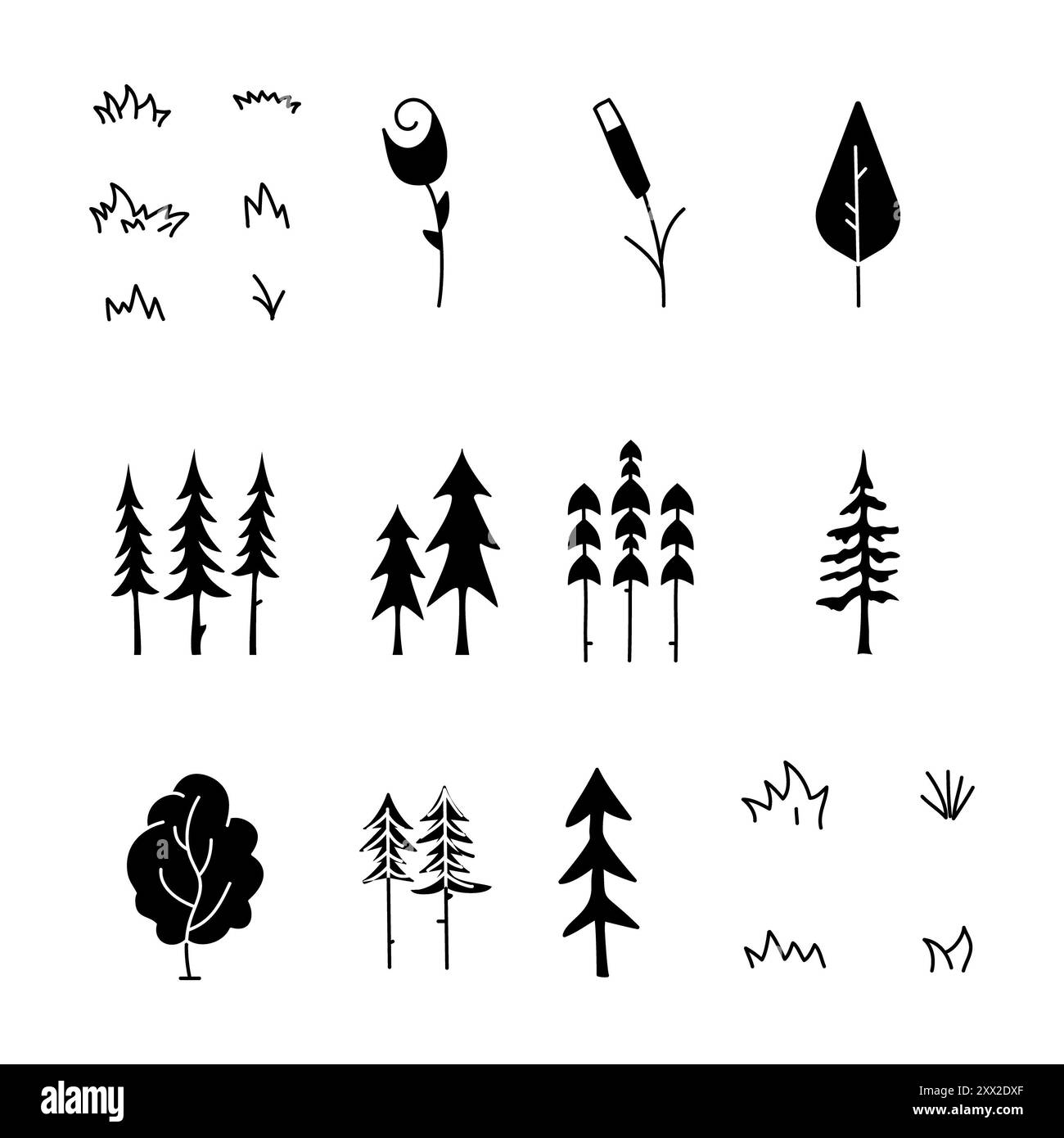 Simple silhouette tree icons collection. Line art trees. Stock linear ...