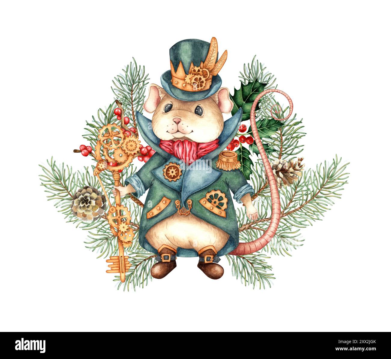 Mouse king in steampunk fairy tale Nutcracker in fir branches watercolor illustration. A rat with brown fur, wearing a blue-green cloak, hat, crown an Stock Photo