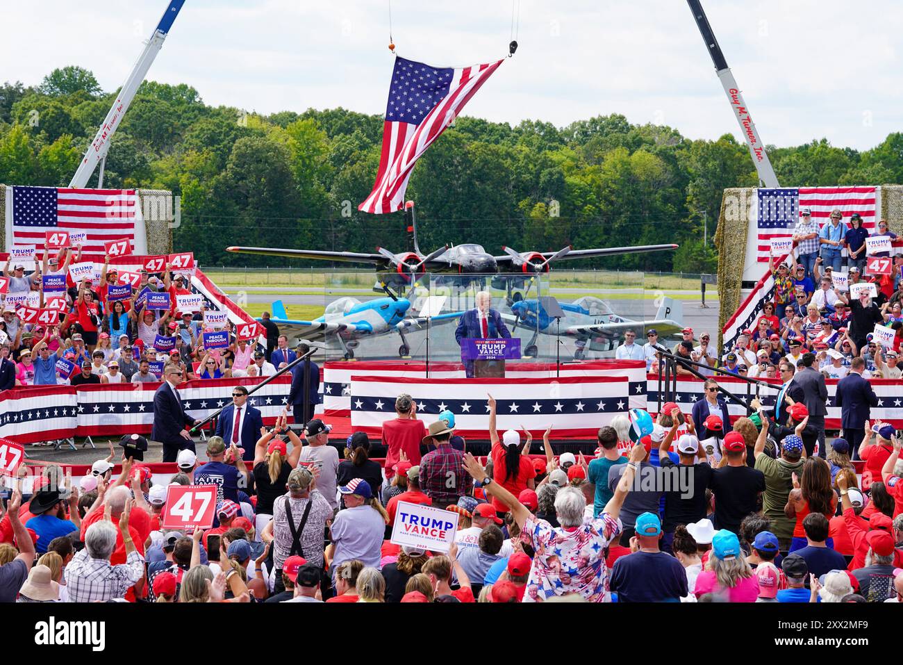 Asheboro, North Carolina, August 21, 2024  USA. U.S. Presidential candidate Donald Trump speaks at a campaign rally at the North Carolina Aviation Museum on August 21, 2024 in Asheboro, North Carolina, USA. Stock Photo