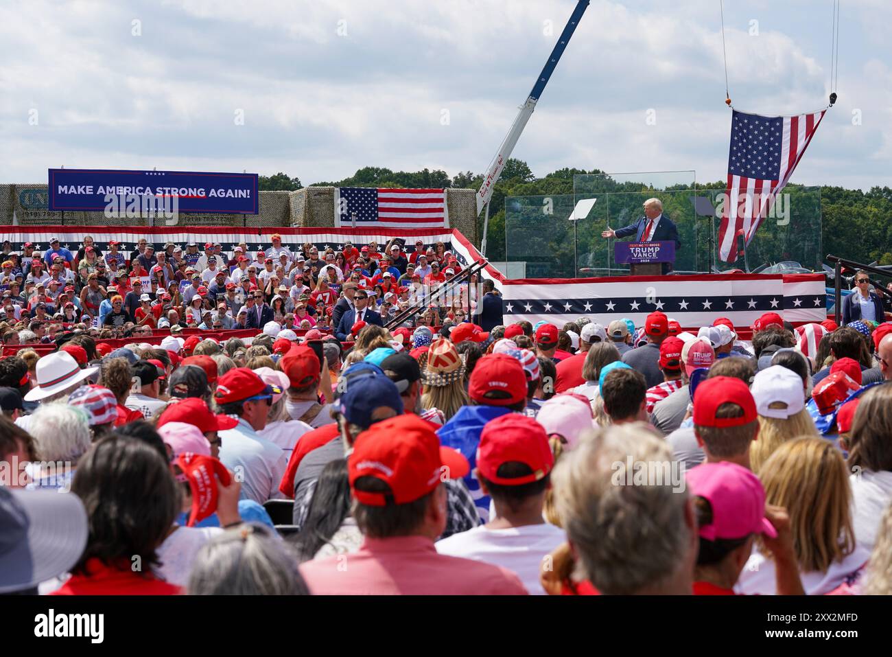 Asheboro, North Carolina, August 21, 2024  USA. U.S. Presidential candidate Donald Trump speaks at a campaign rally at the North Carolina Aviation Museum on August 21, 2024 in Asheboro, North Carolina, USA. Stock Photo