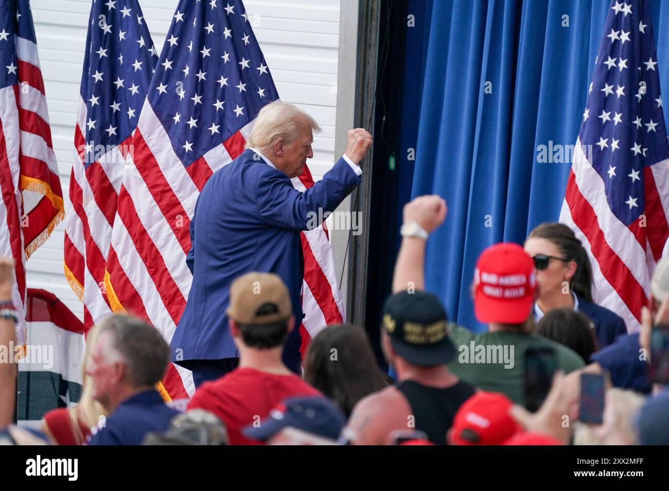 Asheboro, North Carolina, August 21, 2024  USA. U.S. Presidential candidate Donald Trump departs his campaign rally at the North Carolina Aviation Museum on August 21, 2024 in Asheboro, North Carolina, USA. Stock Photo