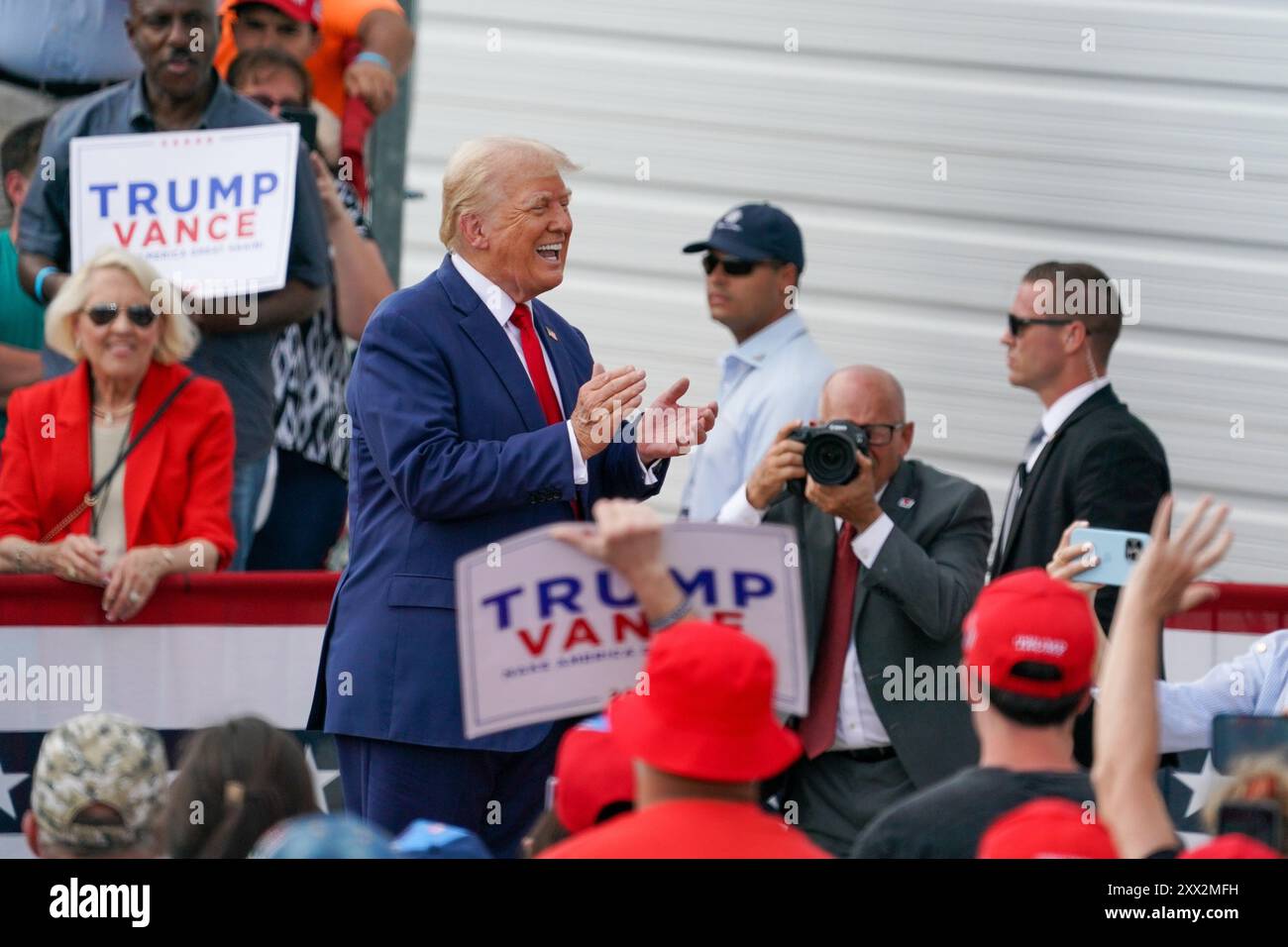 Asheboro, North Carolina, August 21, 2024  USA. U.S. Presidential candidate Donald Trump appears onstage during a campaign rally at the North Carolina Aviation Museum on August 21, 2024 in Asheboro, North Carolina, USA. Stock Photo
