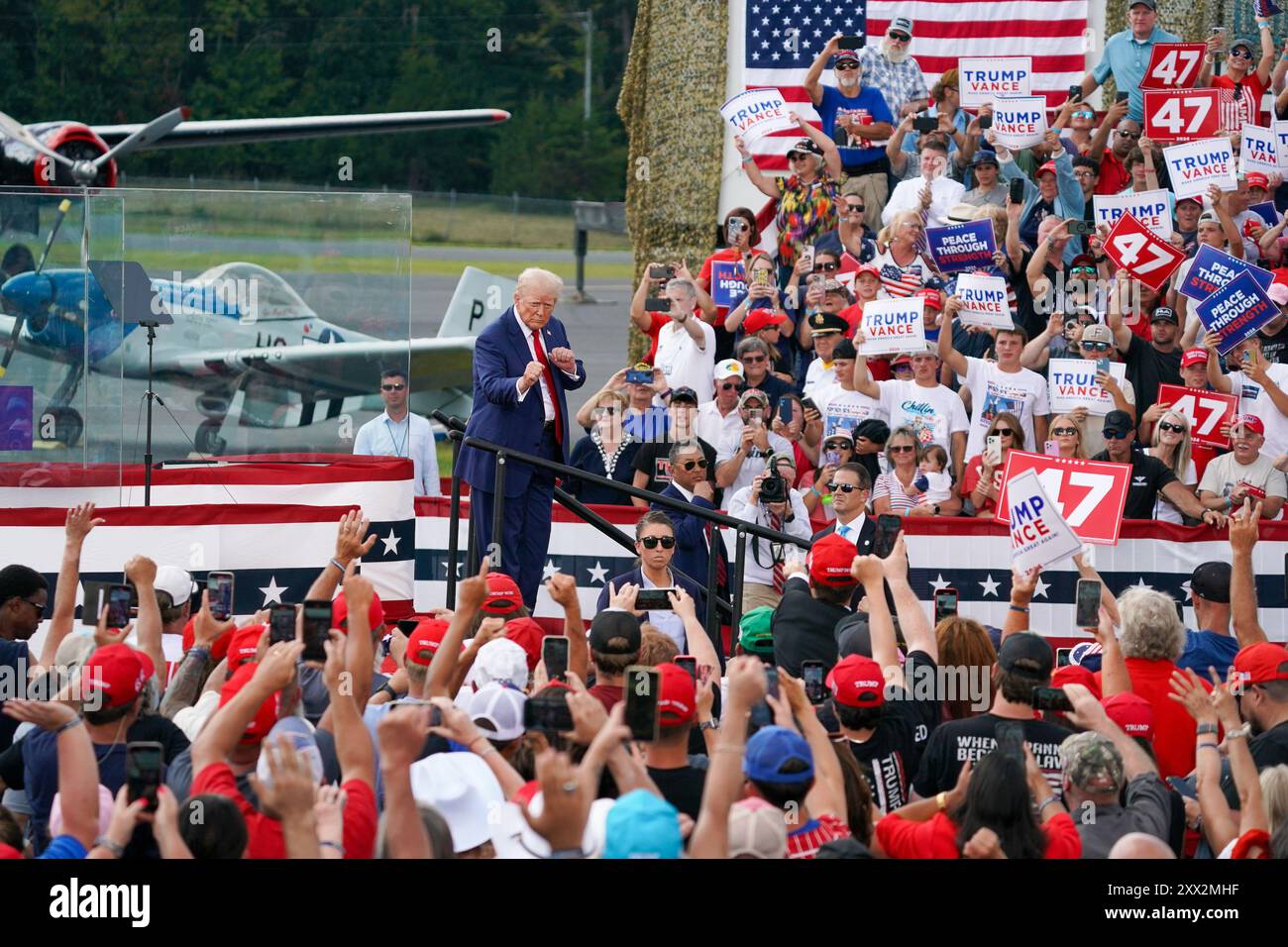Asheboro, North Carolina, August 21, 2024  USA. U.S. Presidential candidate Donald Trump appears onstage during a campaign rally at the North Carolina Aviation Museum on August 21, 2024 in Asheboro, North Carolina, USA. Stock Photo