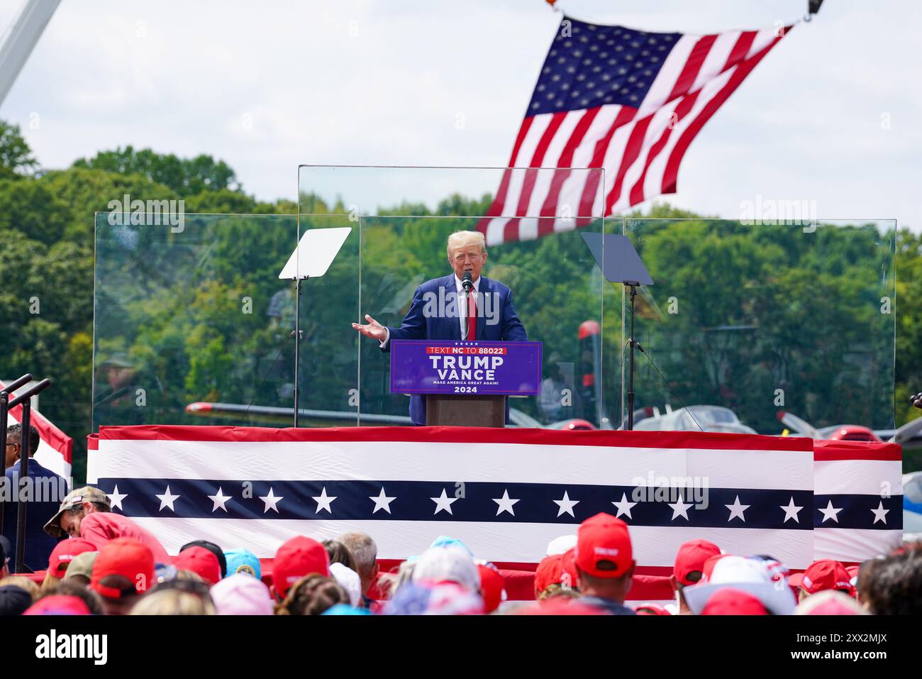 Asheboro, North Carolina, August 21, 2024  USA. U.S. Presidential candidate Donald Trump speaks at a campaign rally at the North Carolina Aviation Museum on August 21, 2024 in Asheboro, North Carolina, USA. Stock Photo