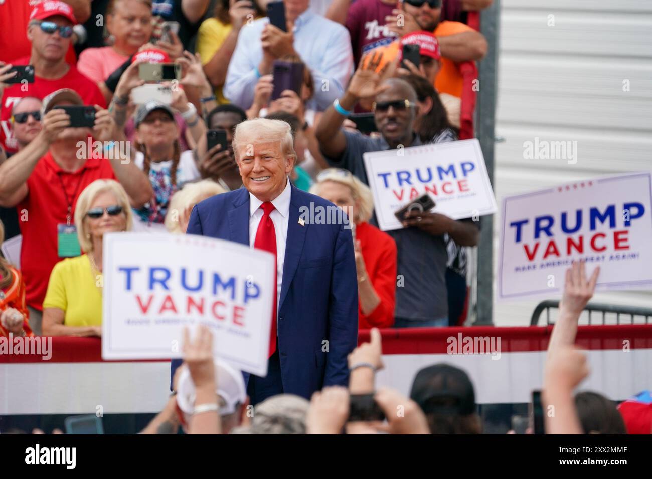 Asheboro, North Carolina, August 21, 2024  USA. U.S. Presidential candidate Donald Trump appears onstage during a campaign rally at the North Carolina Aviation Museum on August 21, 2024 in Asheboro, North Carolina, USA. Stock Photo
