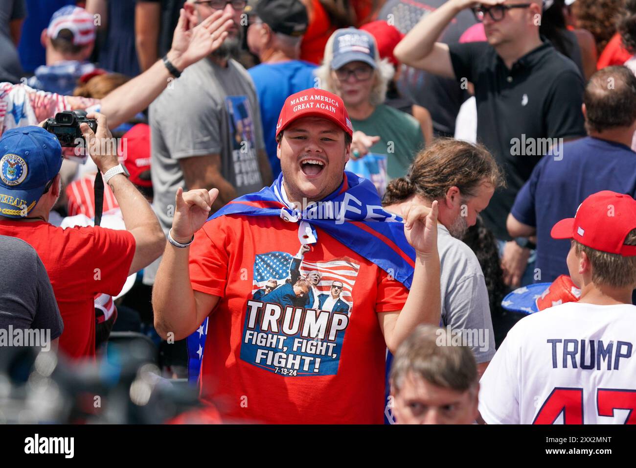 Asheboro, North Carolina, August 21, 2024  USA. Supporters of U.S. Presidential candidate Donald Trump attend a campaign rally held at the North Carolina Aviation Museum on August 21, 2024 in Asheboro, North Carolina, USA. Stock Photo