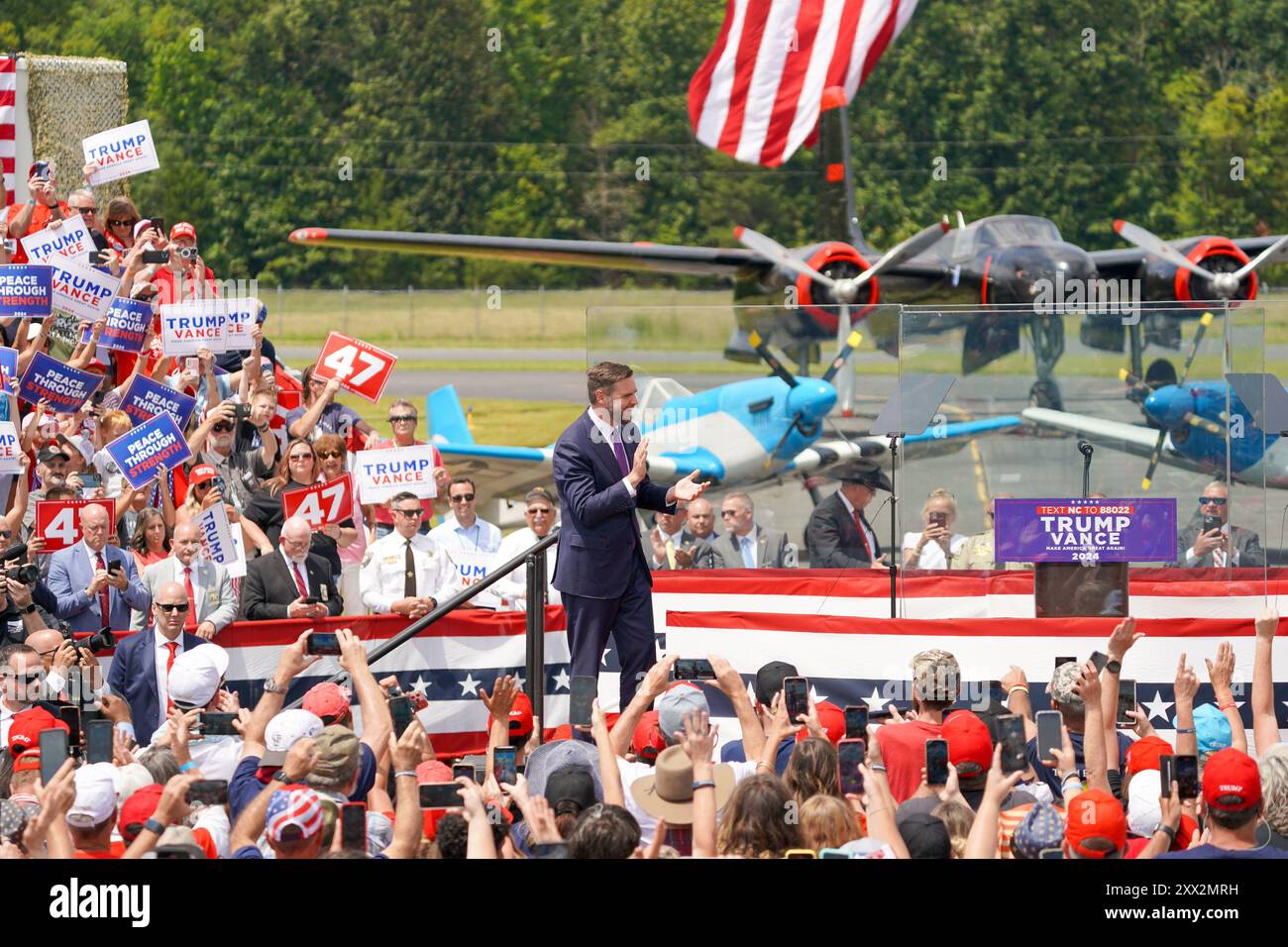 Asheboro, North Carolina, August 21, 2024  USA. U.S. Vice Presidential candidate J.D. Vance appears onstage during a campaign rally at the North Carolina Aviation Museum on August 21, 2024 in Asheboro, North Carolina, USA. Stock Photo