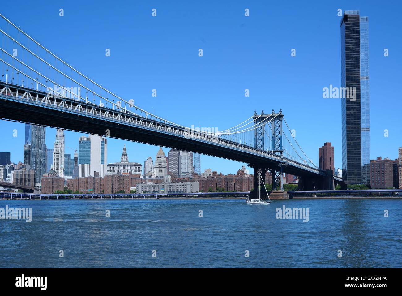 New York City, view of Manhattan Bridge across the East River from Brooklyn Stock Photo