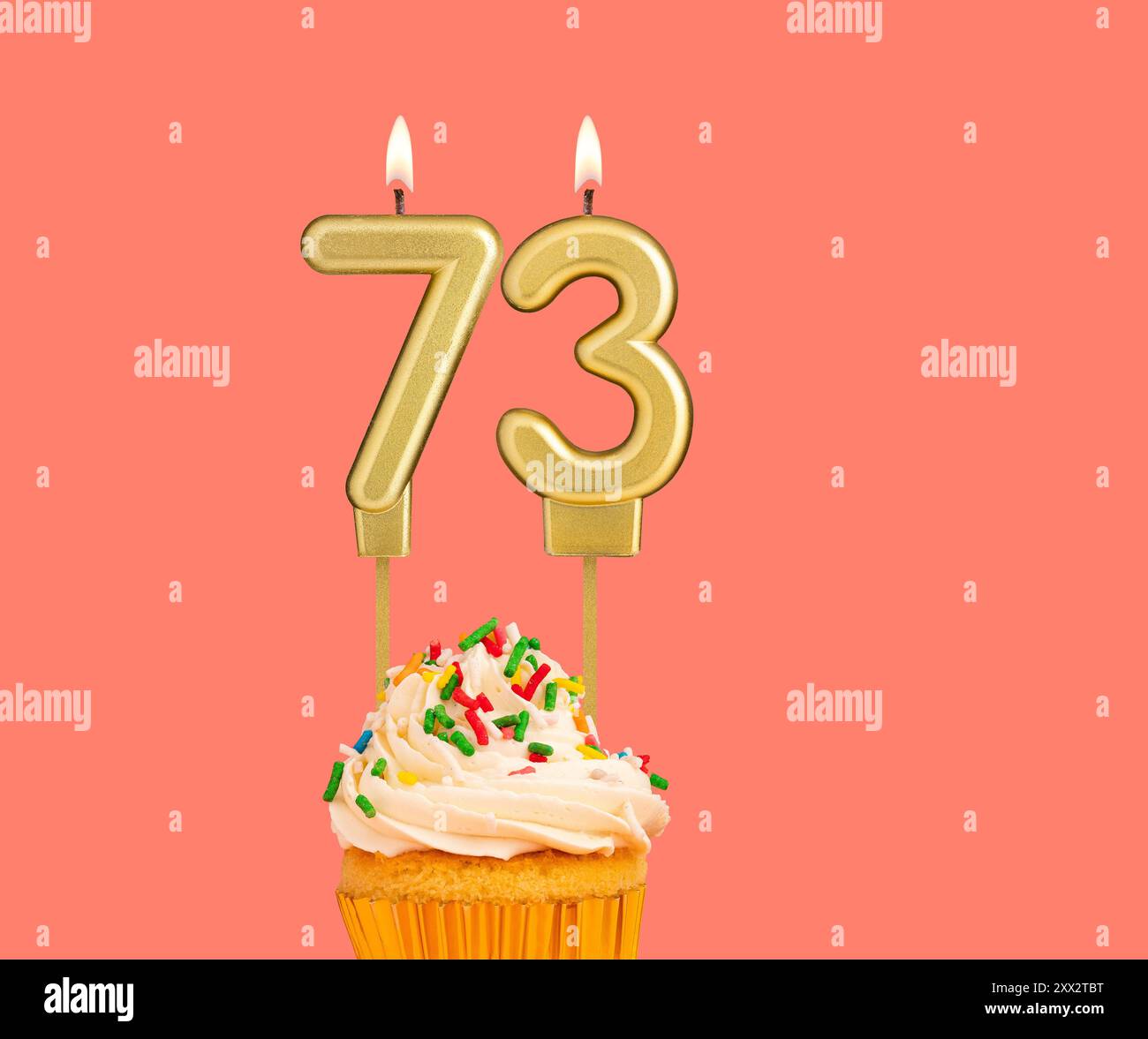 Birthday number 73 - Golden candle with cupcake Stock Photo