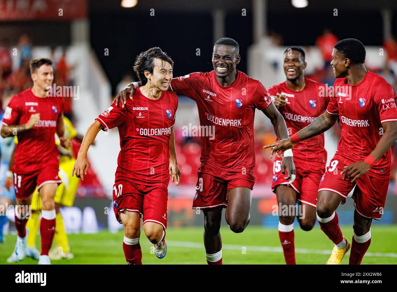 Barcelos, Portugal. 16th Aug, 2024. Kanya Fujimoto (L2)(Gil Vicente) seen in action celebrating after scoring a goal during Liga Portugal game between teams Gil Vicente FC and AVS at Estadio Cidade de Barcelos Gil Vicente FC won 4-2 (Photo by Maciej Rogowski/SOPA Images/Sipa USA) Credit: Sipa USA/Alamy Live News Stock Photo