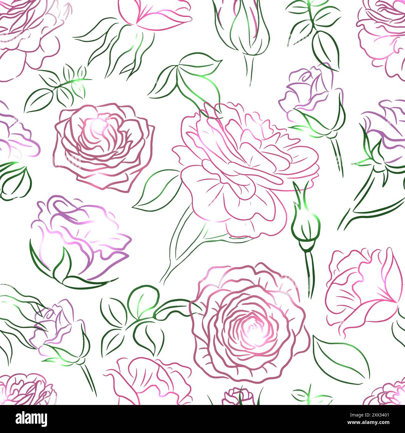 Styled Roses Seamless pattern with line art illustrations of styled roses isolated ...