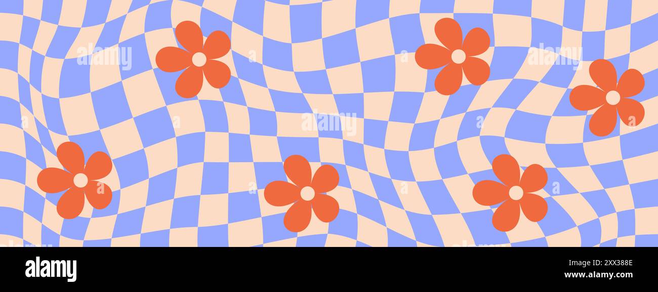 Psychedelic background with distorted grid pattern and daisy flower in ...