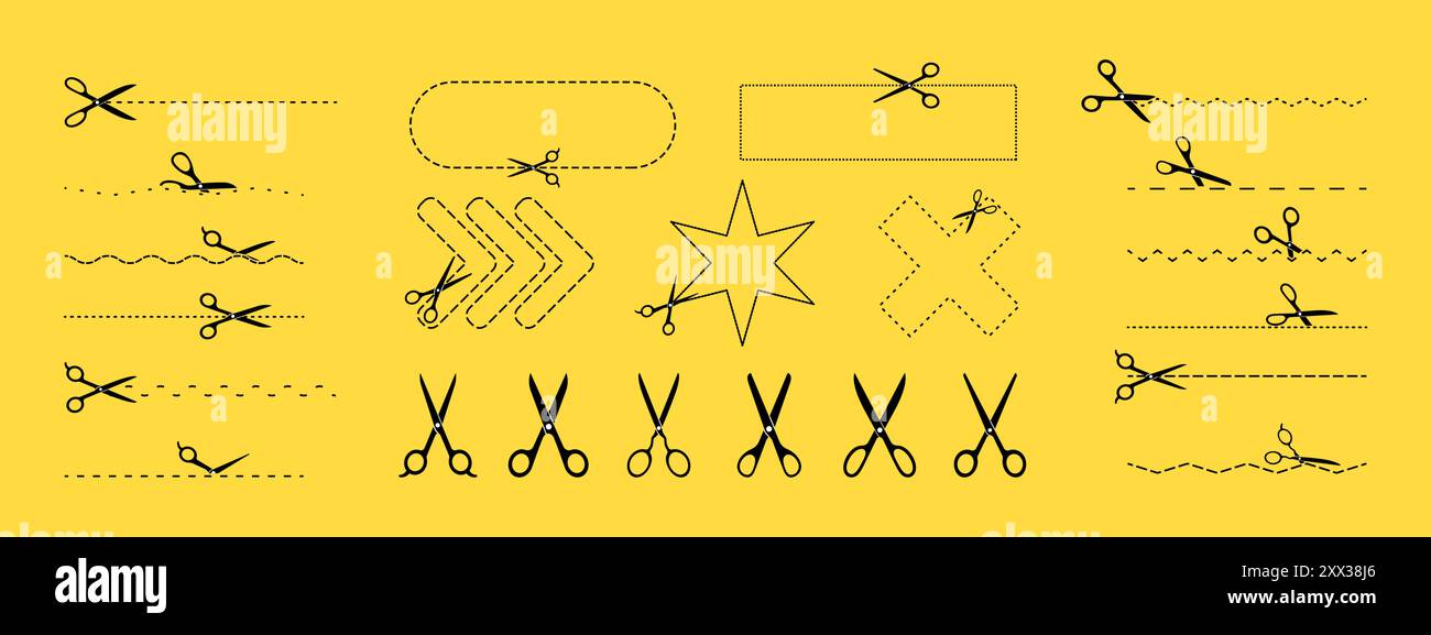 Set of scissors icons with dotted lines and geometric shapes isolated ...