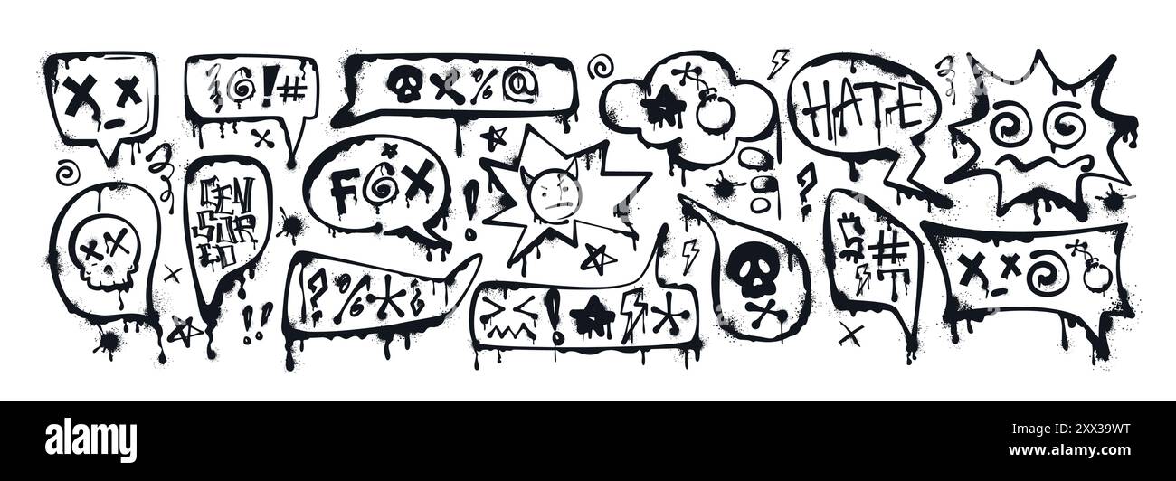 Graffiti spray paint speech bubbles or dialogue boxes with swear words, insults, skull, bomb icon, censored with symbols. Hand drawn inky swearwords with splatters. Negative emotions, anger, bad mood. Stock Vector