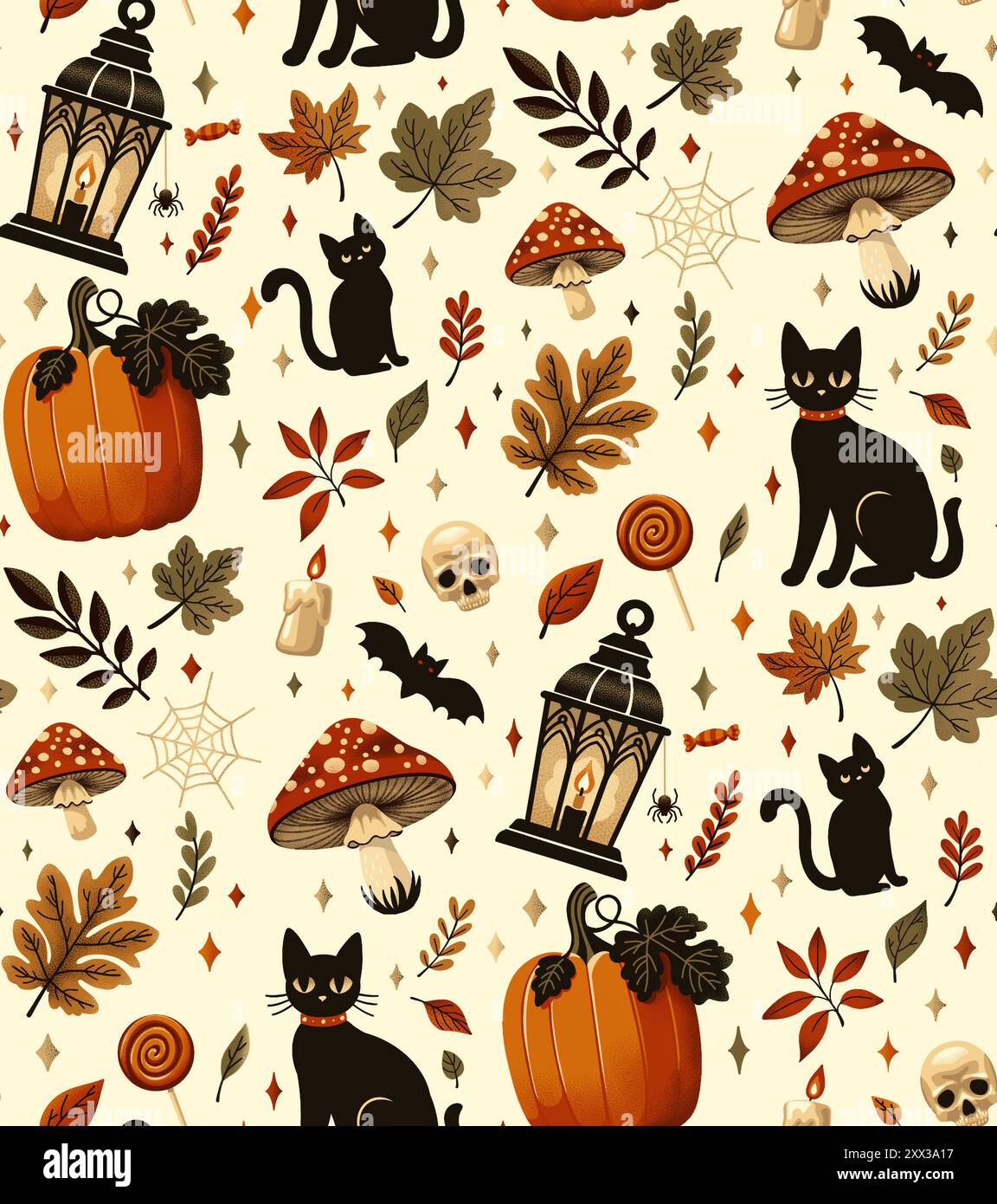 A seamless pattern featuring black cats, vibrant pumpkins, whimsical mushrooms, colorful leaves, and playful bats all around Stock Photo