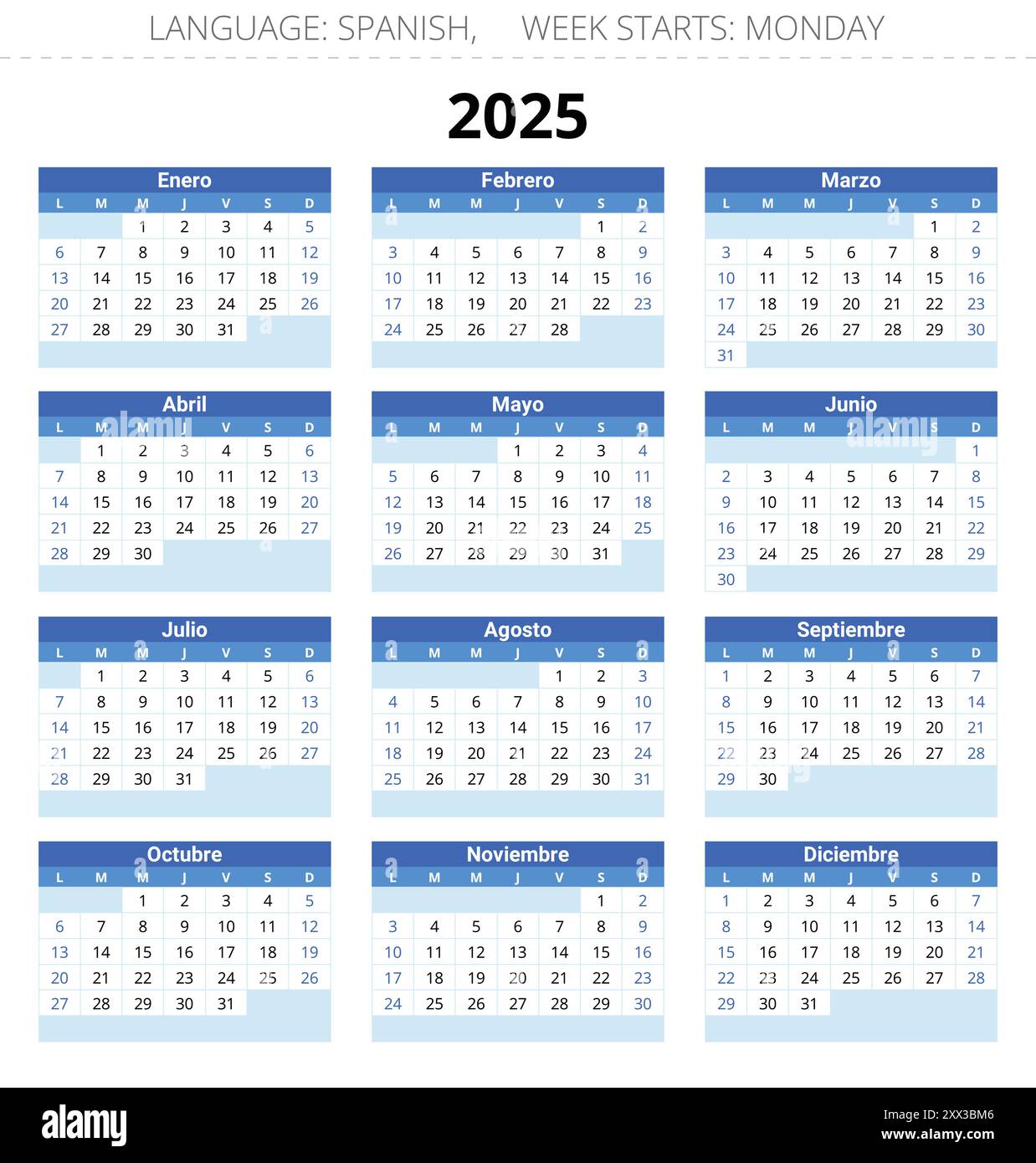 2025 year spanish calendar. Printable vector illustration for Spain