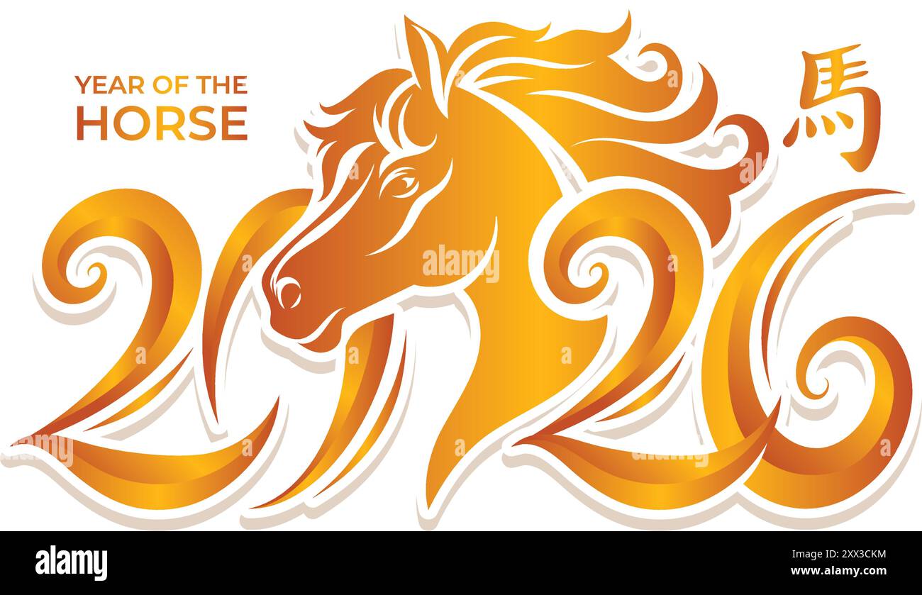 Golden Happy new year 2026 typography with hand drawn of horse