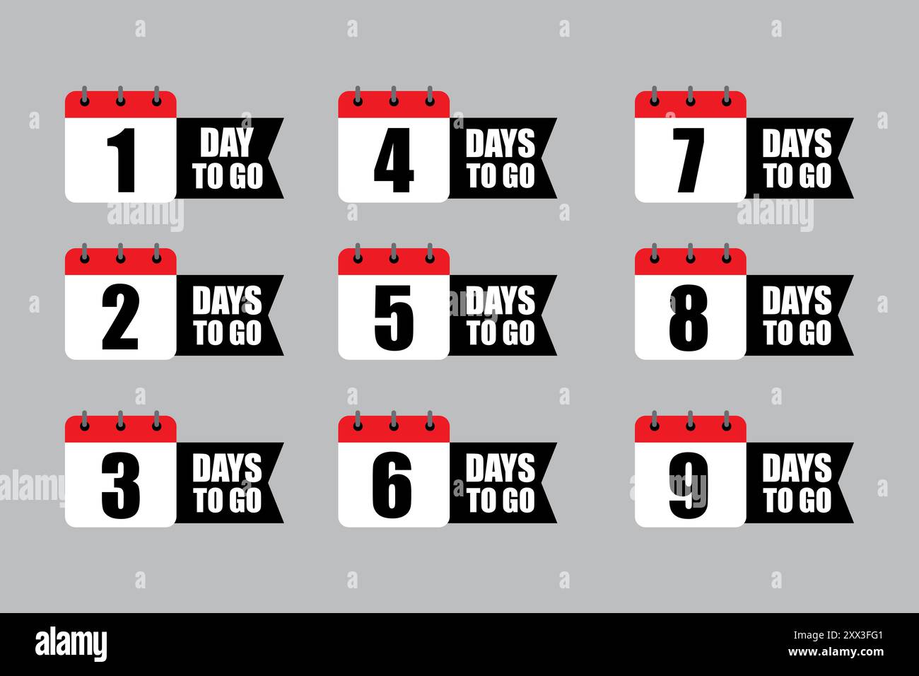 Calendar countdown icons. Days 1 to 9. Red, white, black colors. Bold ...