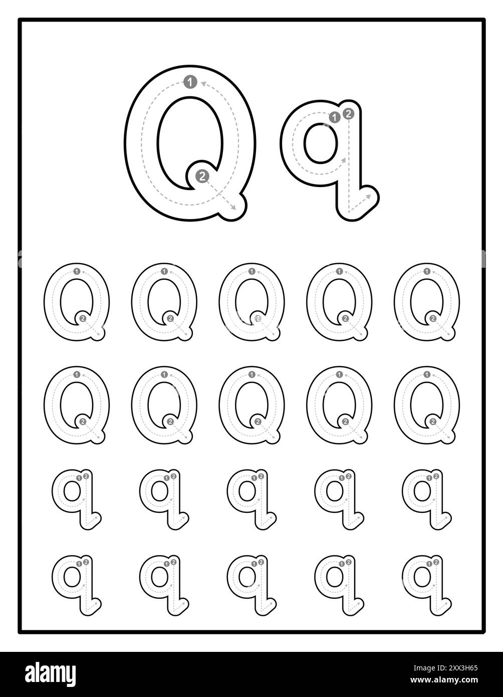 Alphabet Tracing Worksheets for Kids With Uppercase and Lowercase Letter Practice Pages Letter Q Stock Vector